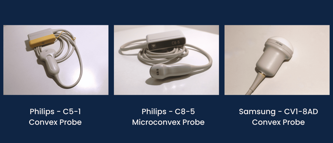Convex probes from LBN Medical. This image shows different types of ultrasound transducers. A Philips convex and microconvex probe and a Samsung convex probe. Philips C5-1, Philips C8-5, and Samsung CV1-8AD