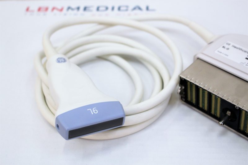 Ultrasound transducer types - linear probe GE 9L. GE 9L Linear ultrasound probe, used for high-resolution vascular, musculoskeletal, and small parts imaging. The probe is shown with its coiled cable and connector. LBN Medical.