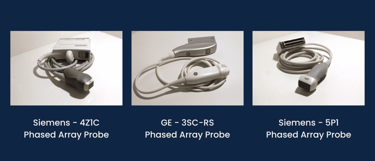 Phased Array Probes available at LBN Medical. GE 3SC-RS, Siemens 4Z1C, and Siemens 5P1 phased array probes.