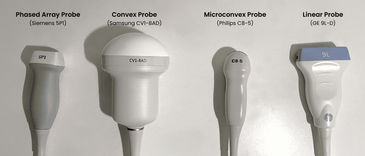 Mix of ultrasound probes - Different ultrasound transducer types. Available at LBN Medical. Siemens 5P1 phased array probe, Samsung CV1-8AD convex probes, Philips C8-5 microconvex probe, and GE 9L-D linear probe.