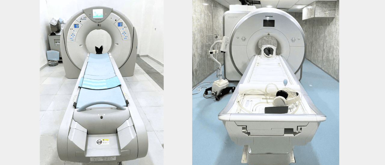 CT scan machine vs MRI machine. CT scanner on the left (Canon/Toshiba Aquilion Prime) and an MRI on the right (Siemens Magnetom Aera). LBN Medical.