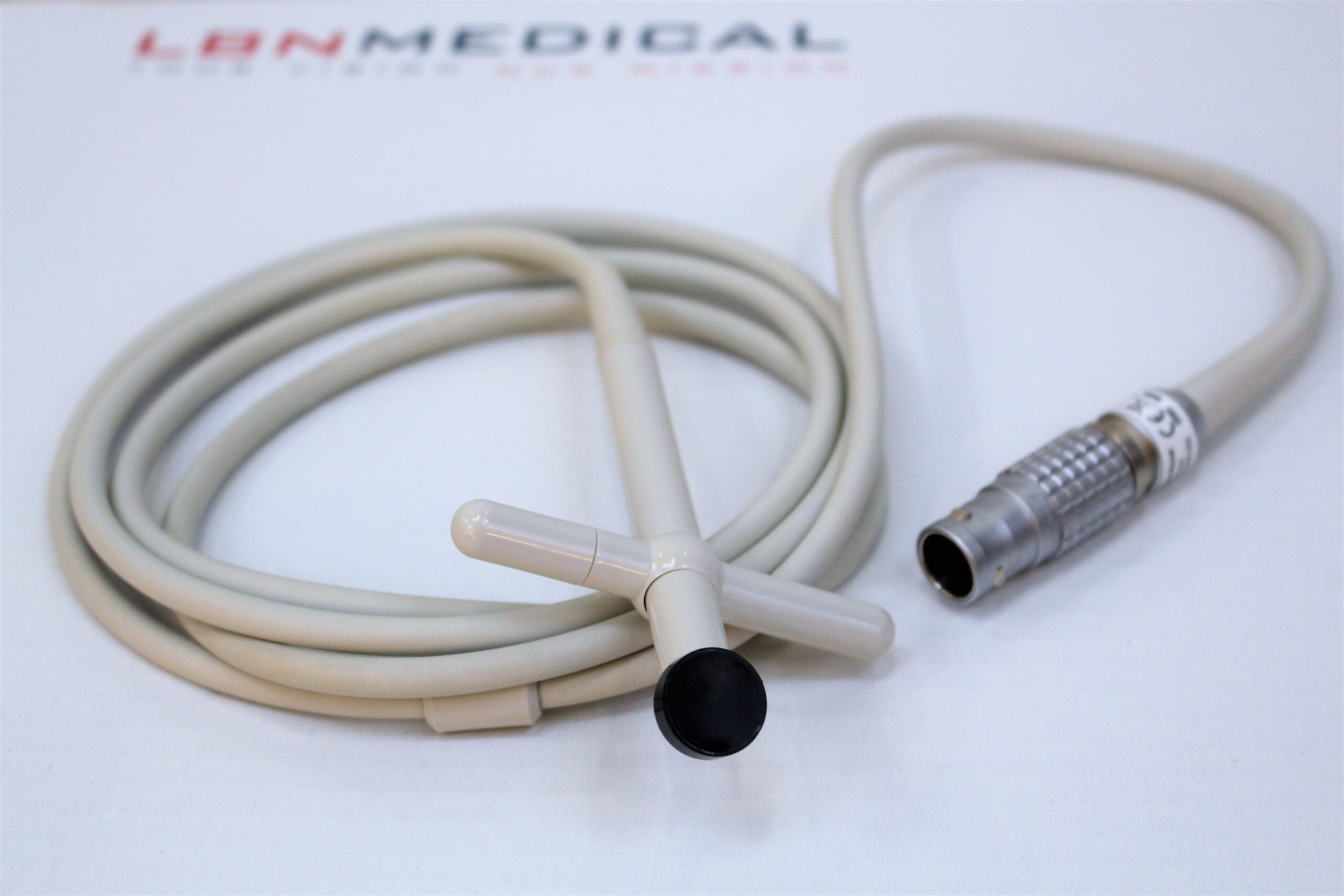 Pencil probe also CW Doppler probe. Endocavity ultrasound probe, used for transrectal and transvaginal imaging, shown with its connector and coiled cable. Get yours at LBN Medical.