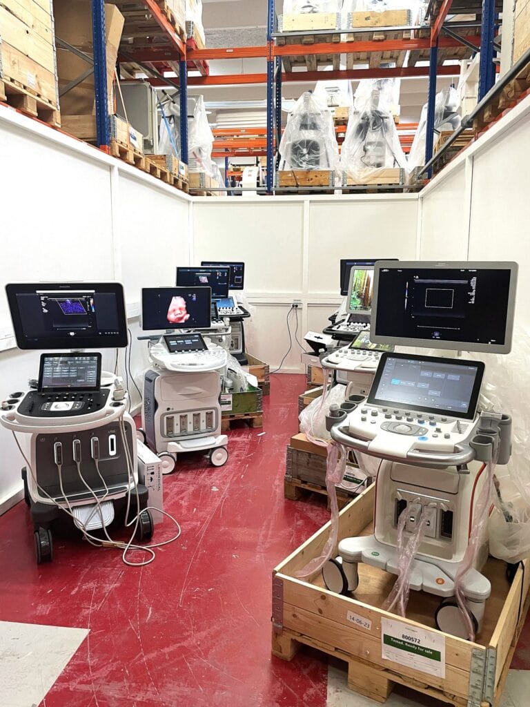 Ultrasounds ready for customer testing at demo booth. DirectMed Imaging.